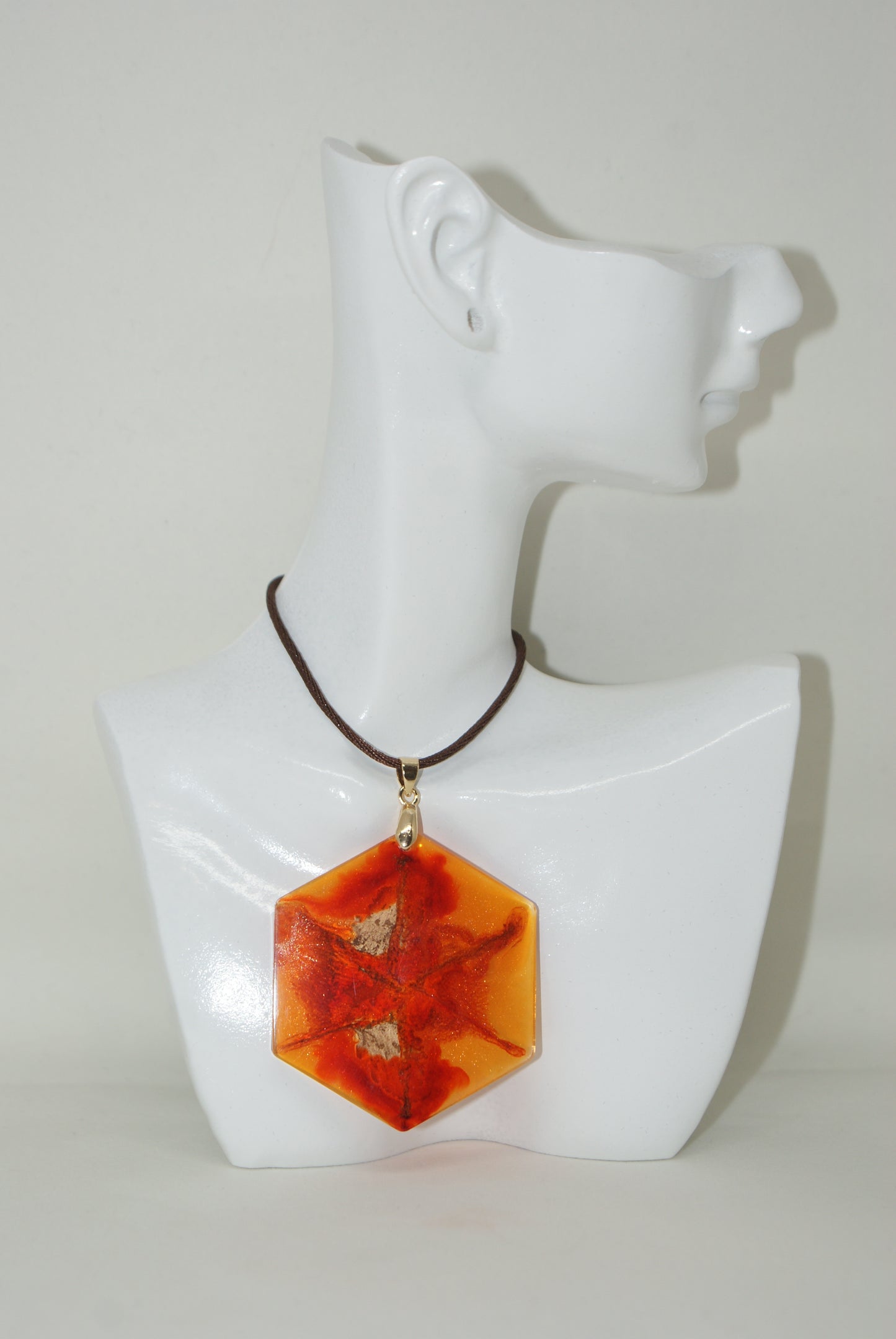 Hand-Poured Resin and Alcohol Ink Necklace - Hexagon - Orange/Gold