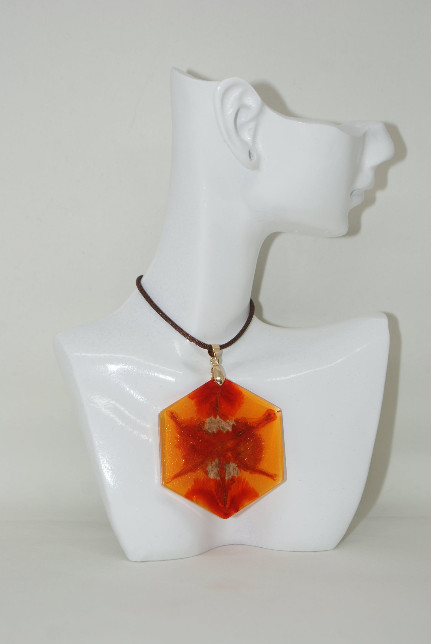 Hand-Poured Resin and Alcohol Ink Necklace - Hexagon - Orange/Gold