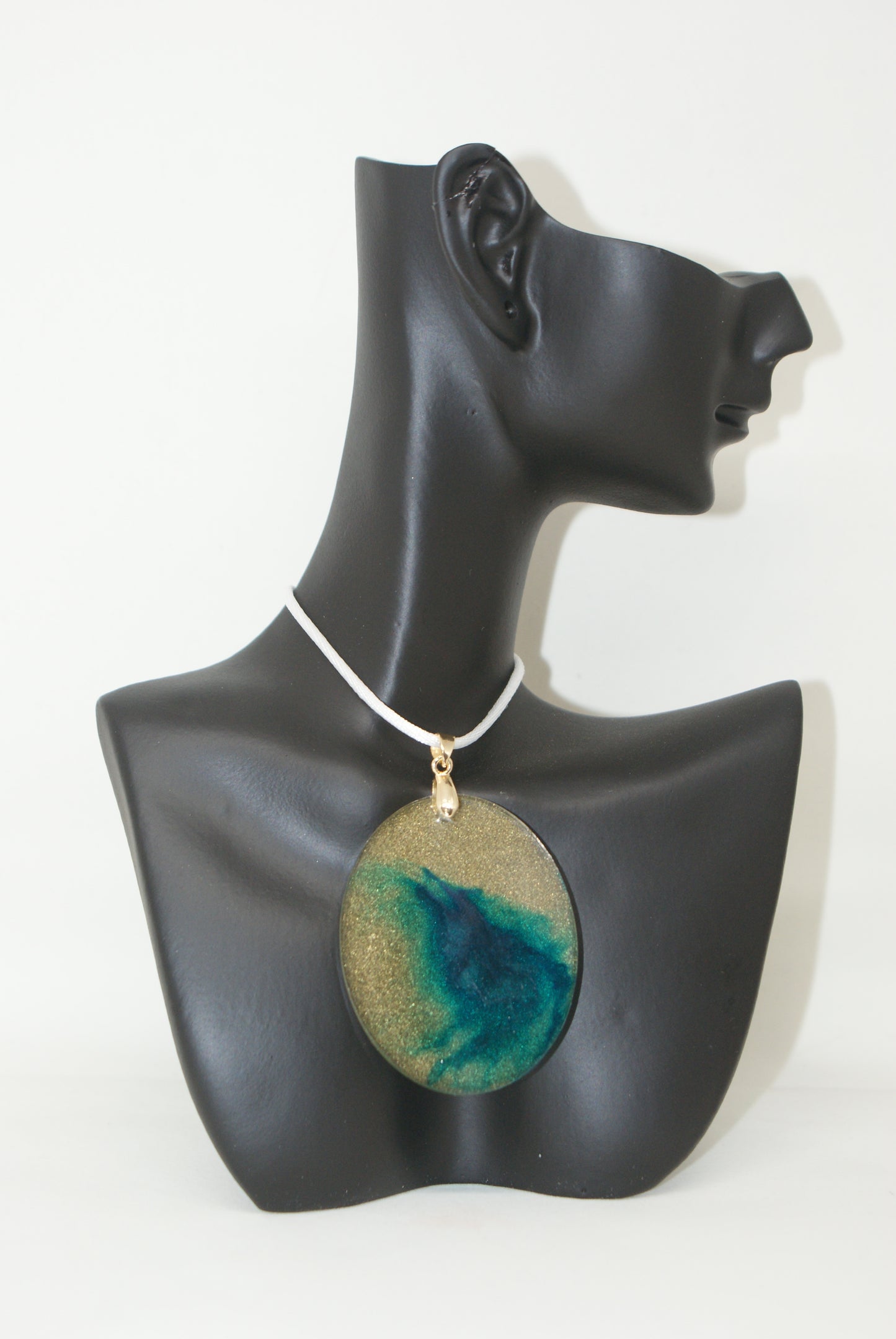 Hand-Poured Resin and Alcohol Ink Necklace - Oval - Blue/Gold