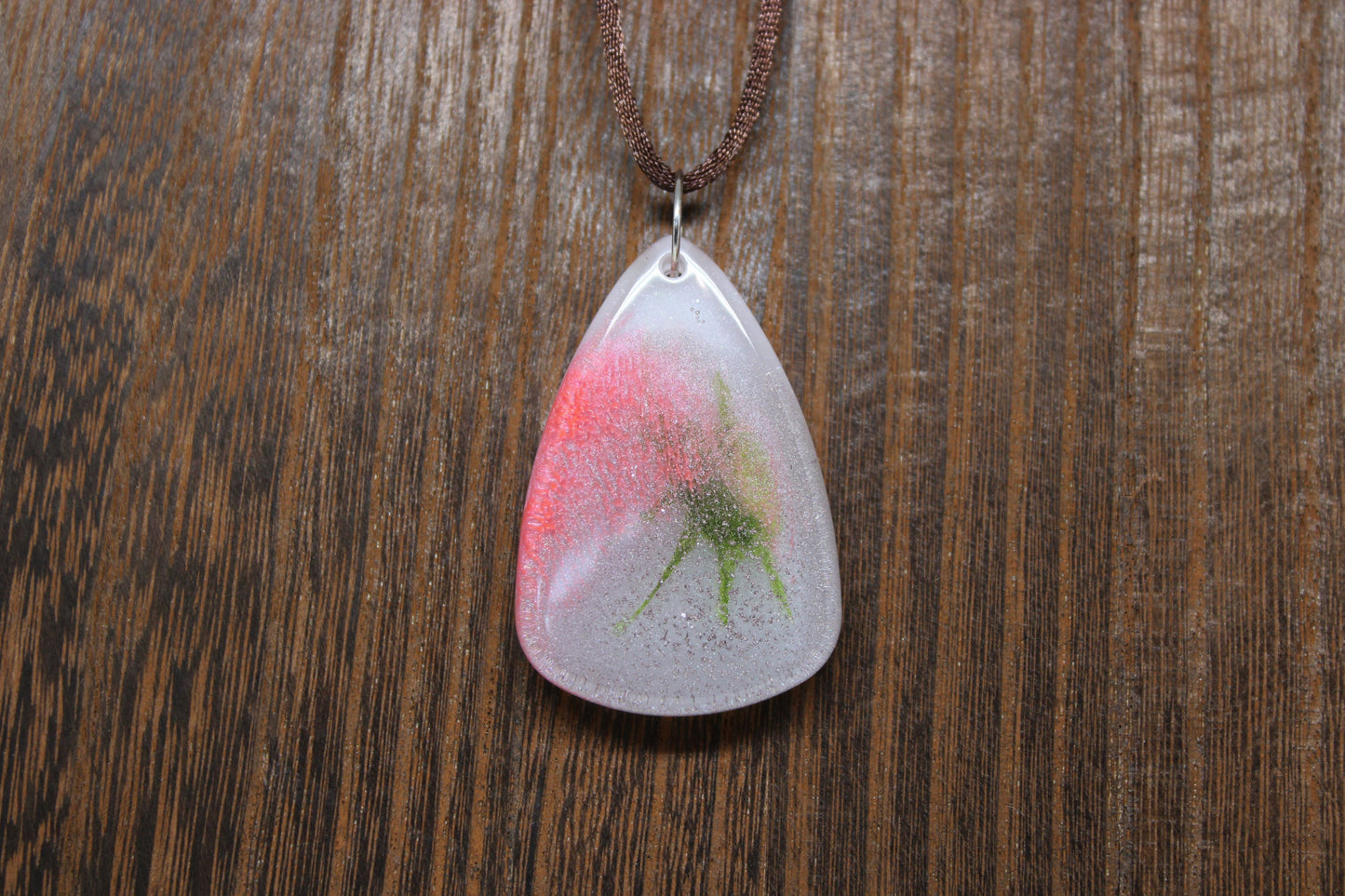 Hand-Poured Resin and Alcohol Ink Chunky Necklace - Droplet - Pink/Green
