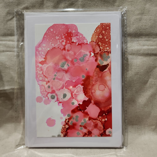 Handmade Alcohol Ink Notecards - Red/Pink/Silver (Set of 4)