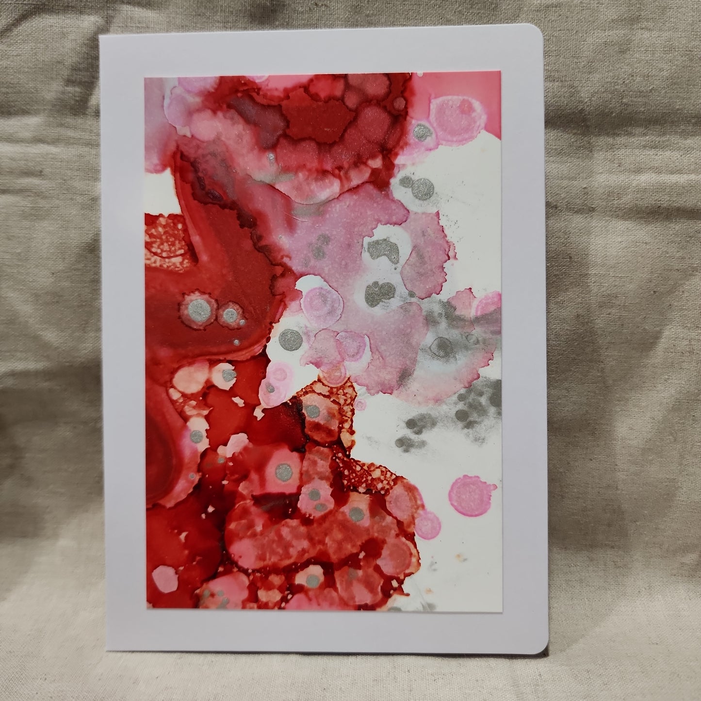 Handmade Alcohol Ink Notecards - Red/Pink/Silver (Set of 4)