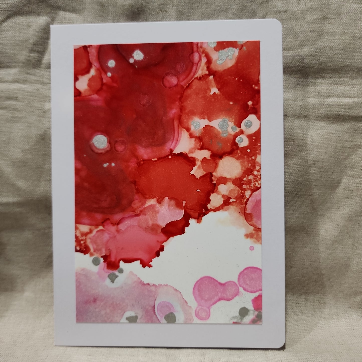 Handmade Alcohol Ink Notecards - Red/Pink/Silver (Set of 4)