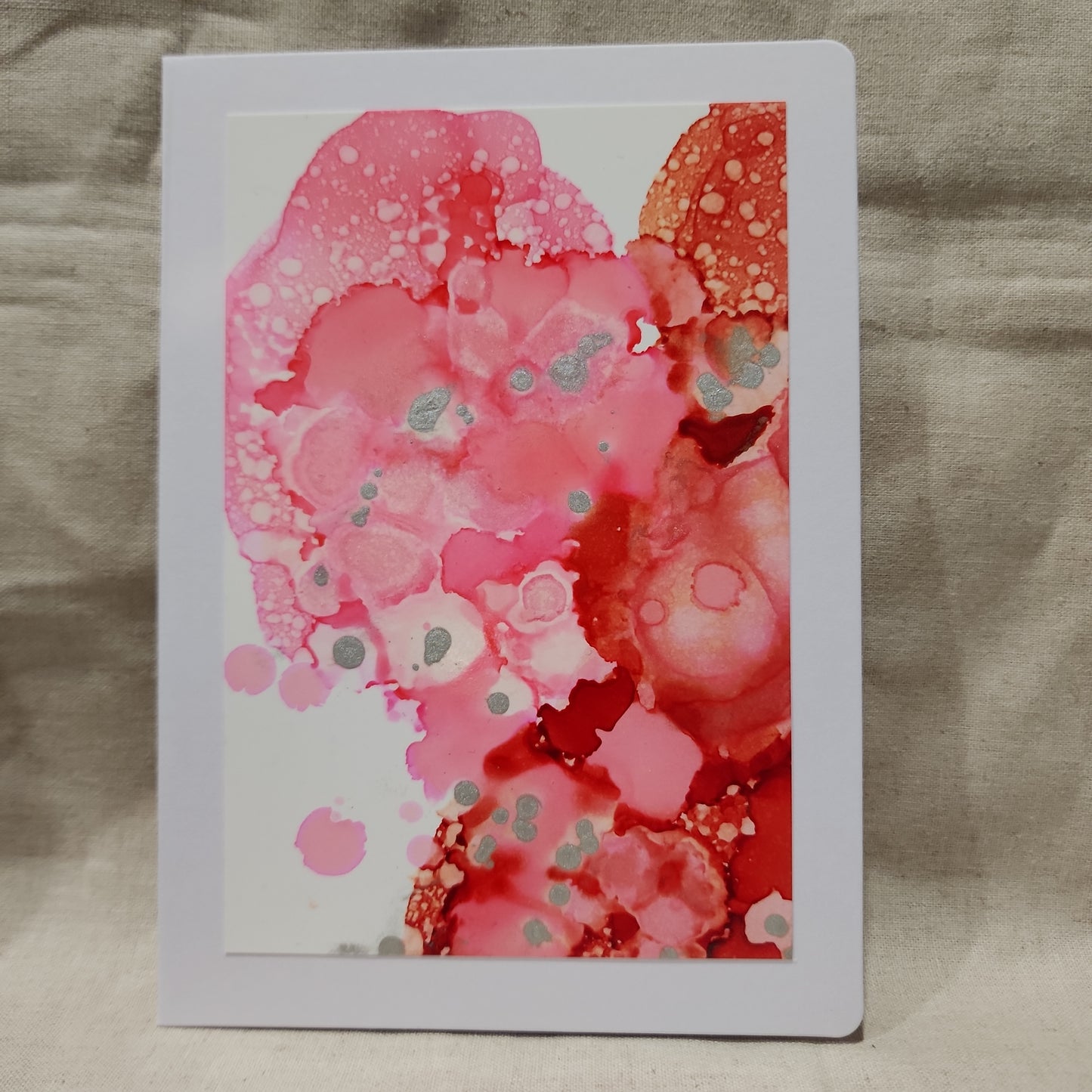 Handmade Alcohol Ink Notecards - Red/Pink/Silver (Set of 4)