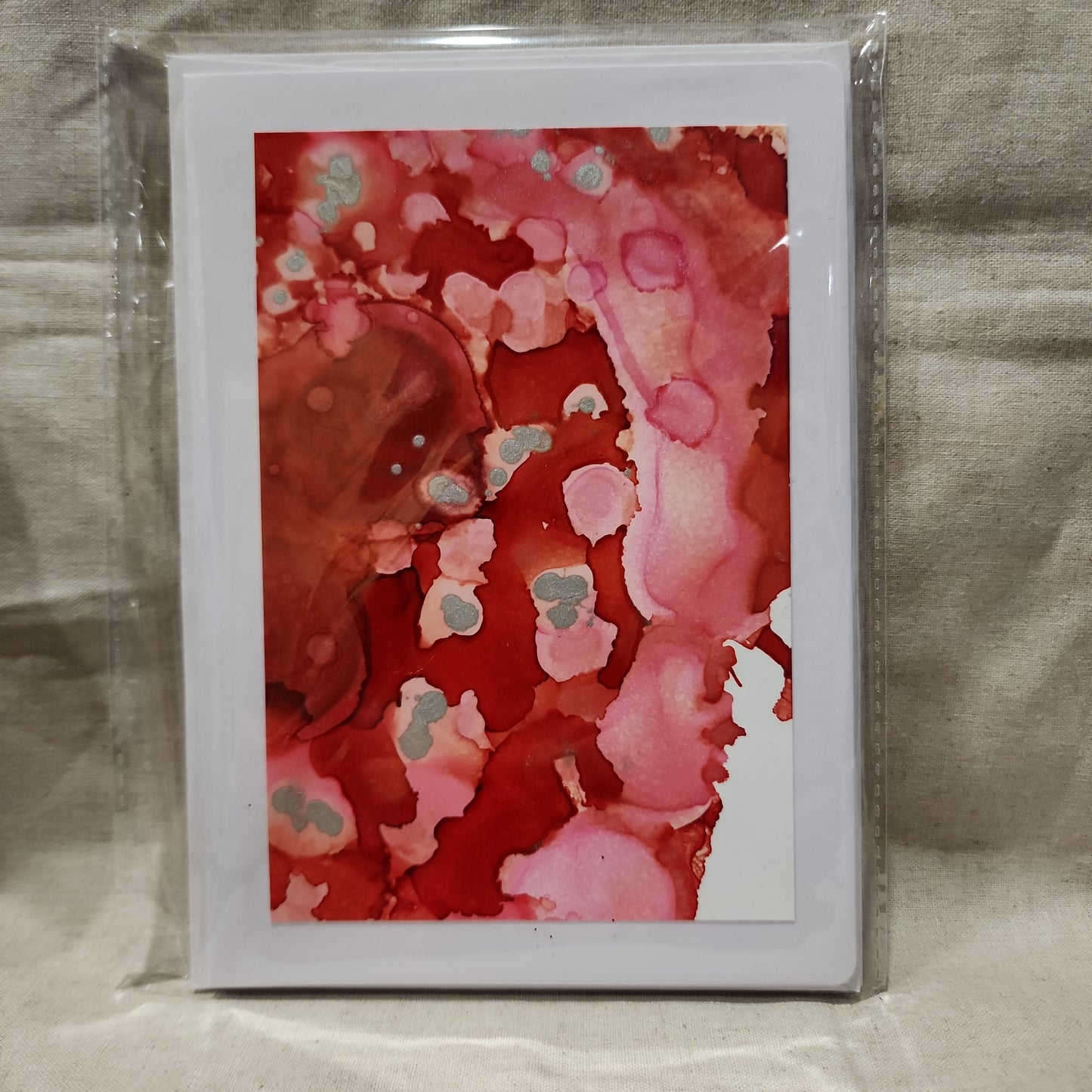 Handmade Alcohol Ink Notecards - Red/Pink/Silver (Set of 4)