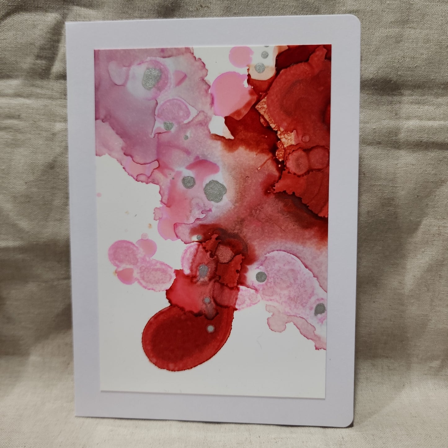 Handmade Alcohol Ink Notecards - Red/Pink/Silver (Set of 4)