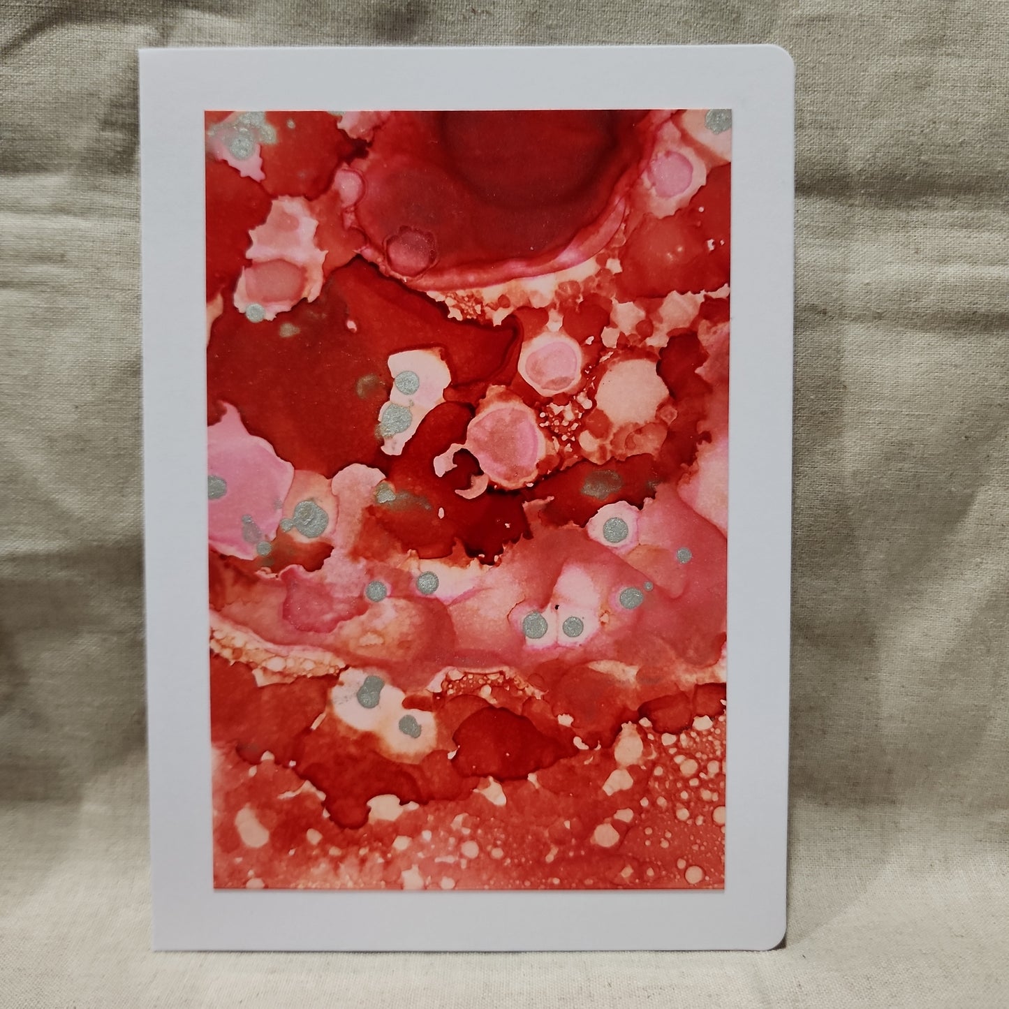 Handmade Alcohol Ink Notecards - Red/Pink/Silver (Set of 4)