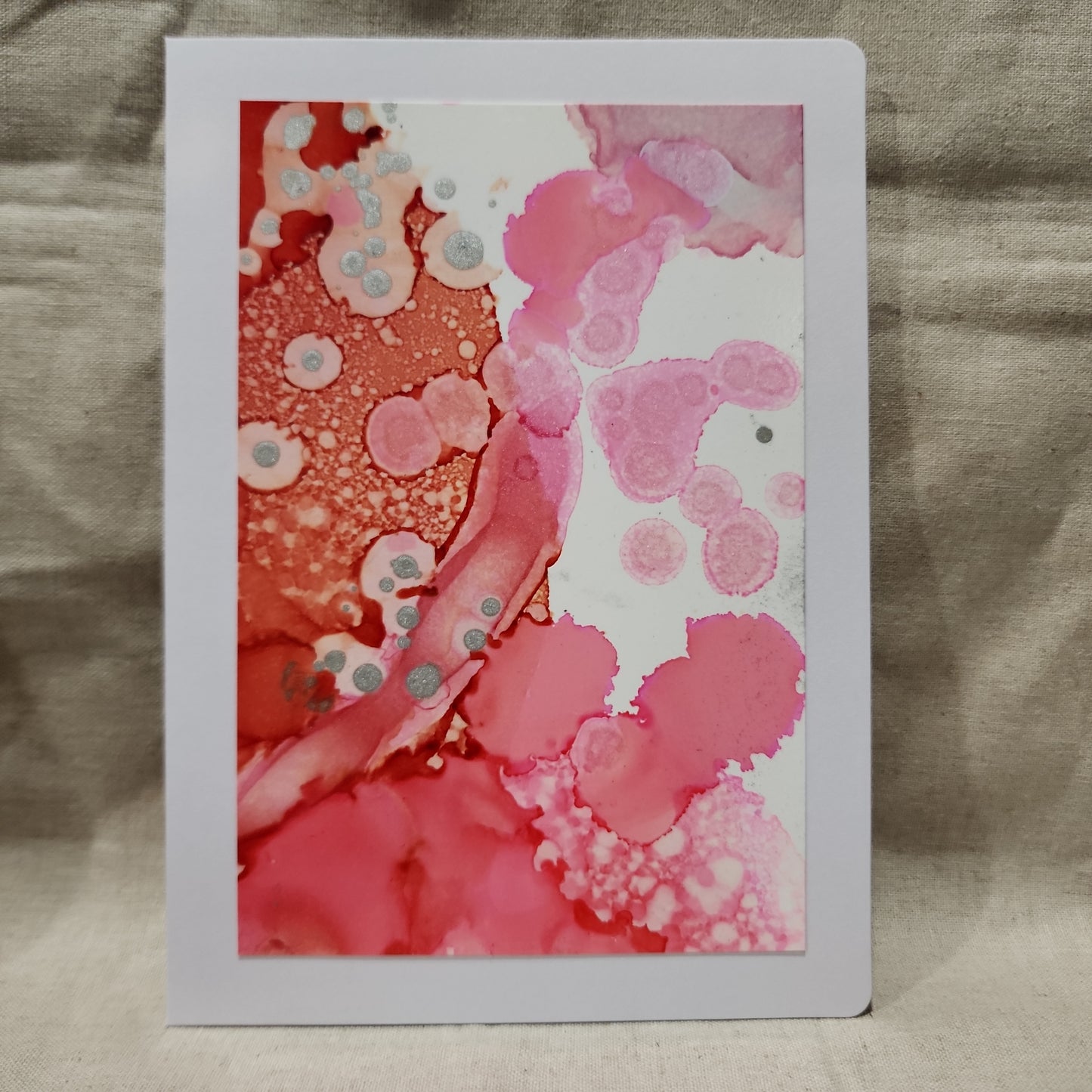 Handmade Alcohol Ink Notecards - Red/Pink/Silver (Set of 4)