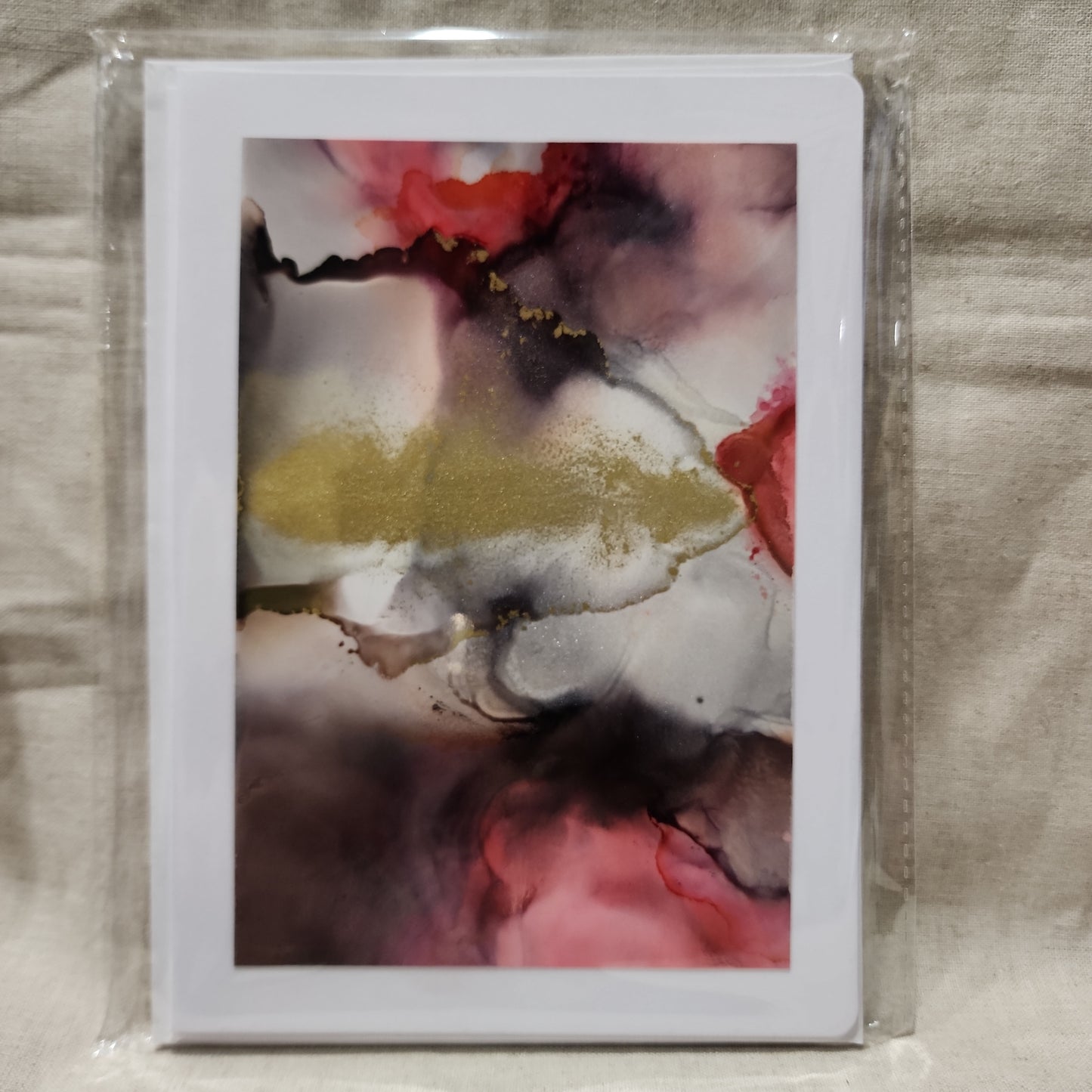 Handmade Alcohol Ink Notecards - Black/Red/Gold (Set of 4)