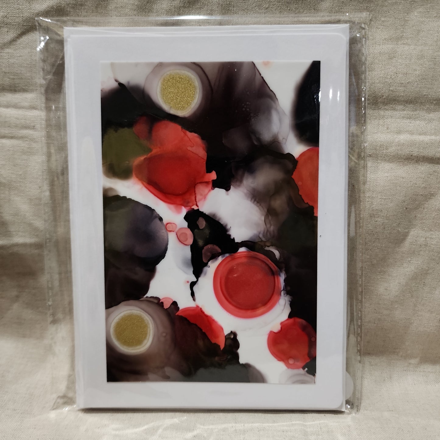 Handmade Alcohol Ink Notecards - Black/Red/Gold (Set of 4)