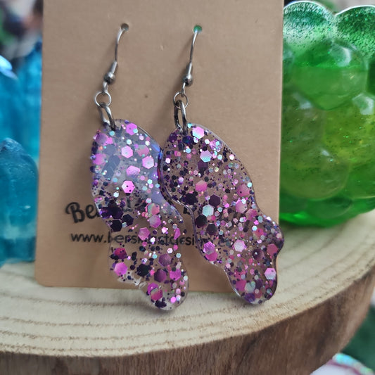 Hand-Poured Resin and Alcohol Ink Earrings - Blob - Purple Sparkle