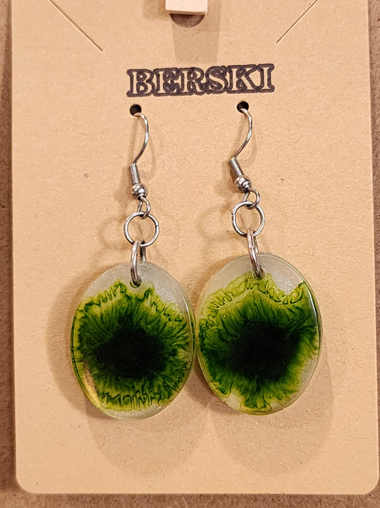 Hand-Poured Resin and Alcohol Ink Earrings - Oval - Green
