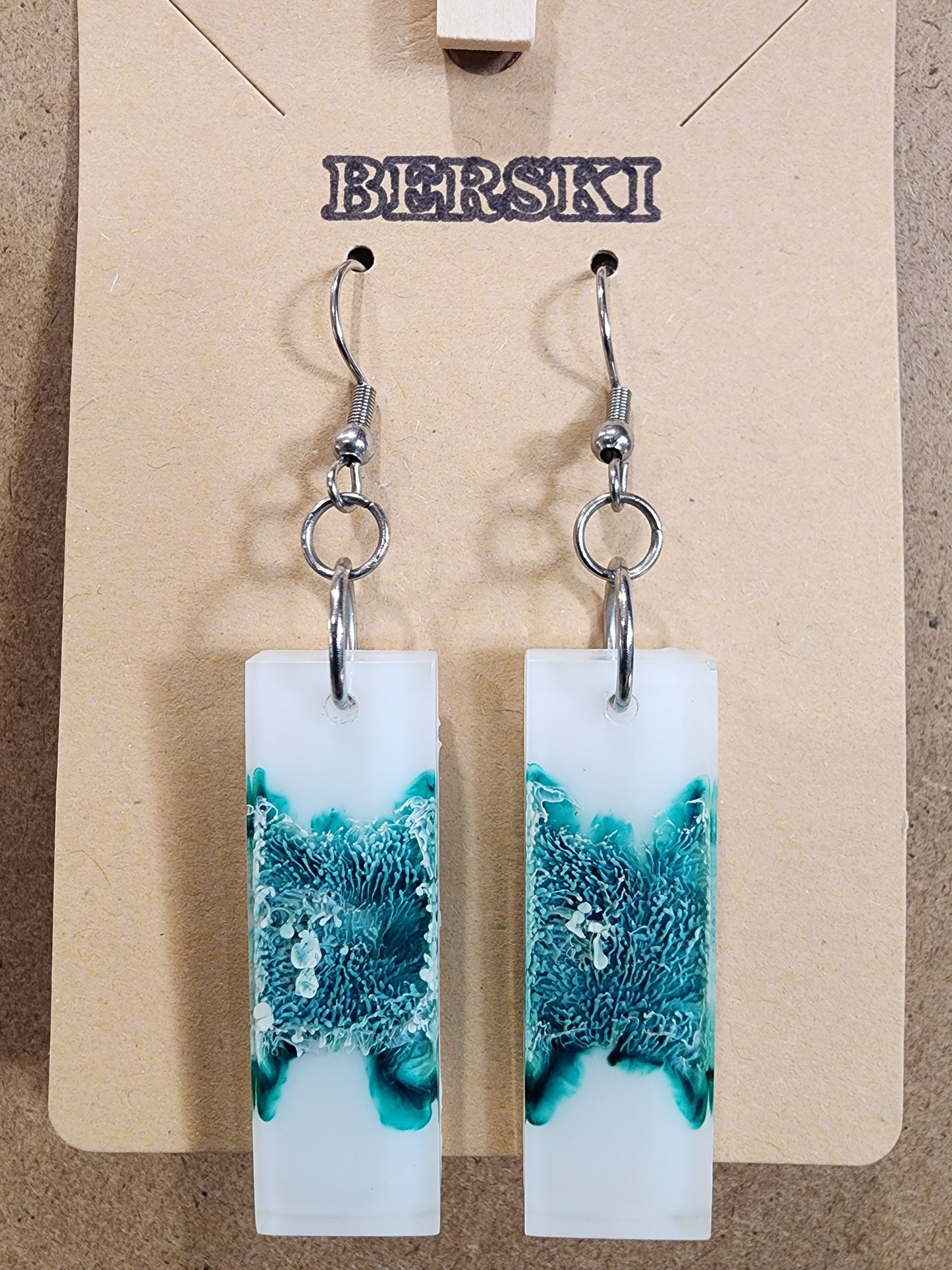 Hand-Poured Resin and Alcohol Ink Earrings - Rectangle - Turquoise/White