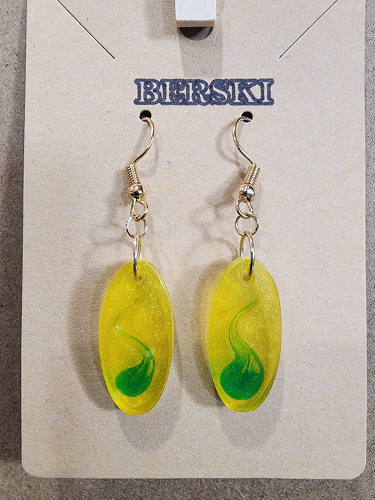 Hand-Poured Resin and Alcohol Ink Earrings - Oval - Yellow/Green