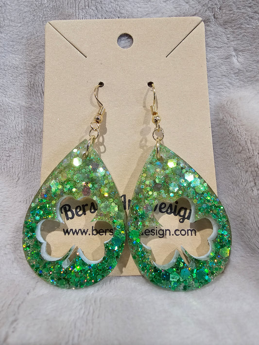 SALE - Clover Droplet Earrings-Green Glitter