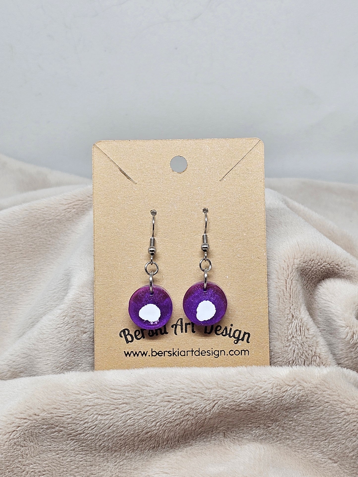 Hand-Poured Resin and Alcohol Ink Earrings - Round - White/Purple