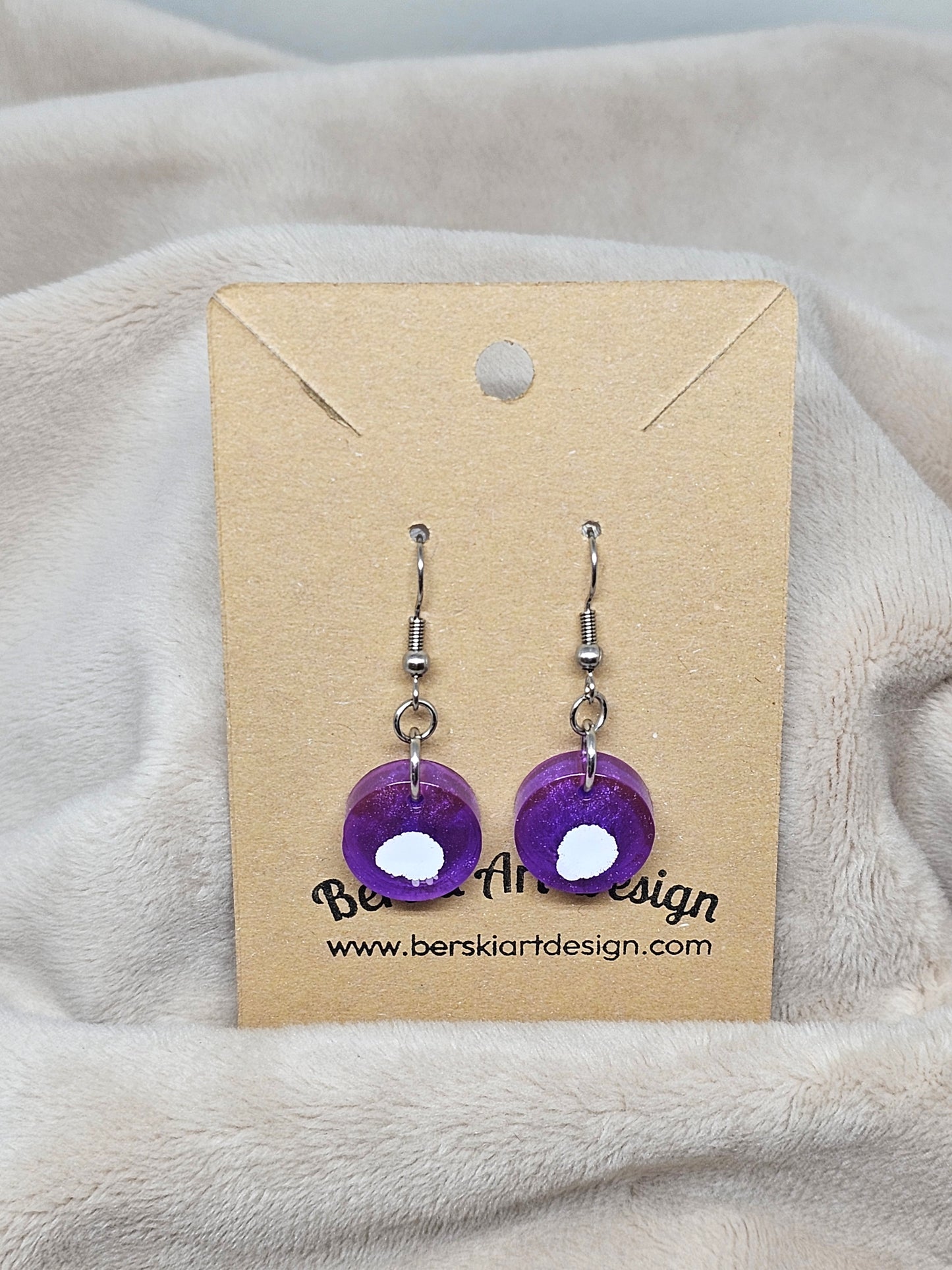 Hand-Poured Resin and Alcohol Ink Earrings - Round - White/Purple