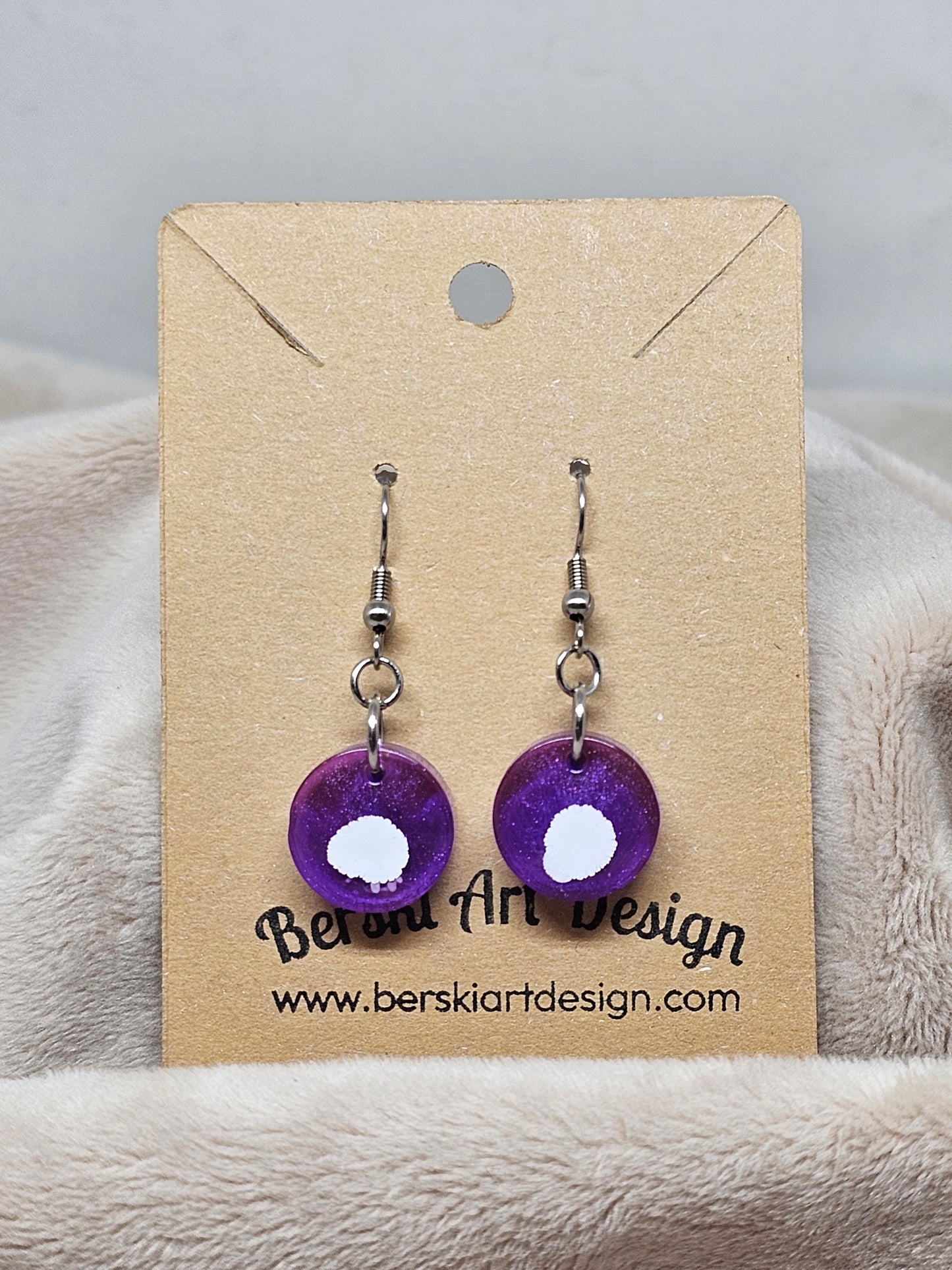 Hand-Poured Resin and Alcohol Ink Earrings - Round - White/Purple