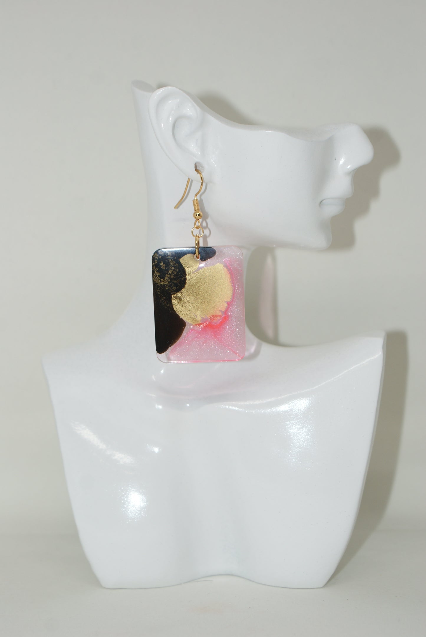 Hand-Poured Resin and Alcohol Ink Earrings - Rectangle - Pink/Black/Gold