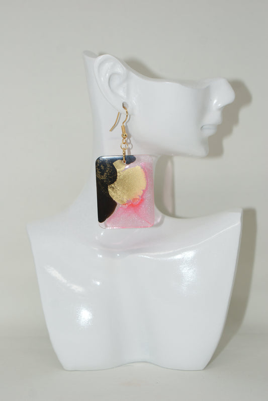 Hand-Poured Resin and Alcohol Ink Earrings - Rectangle - Pink/Black/Gold