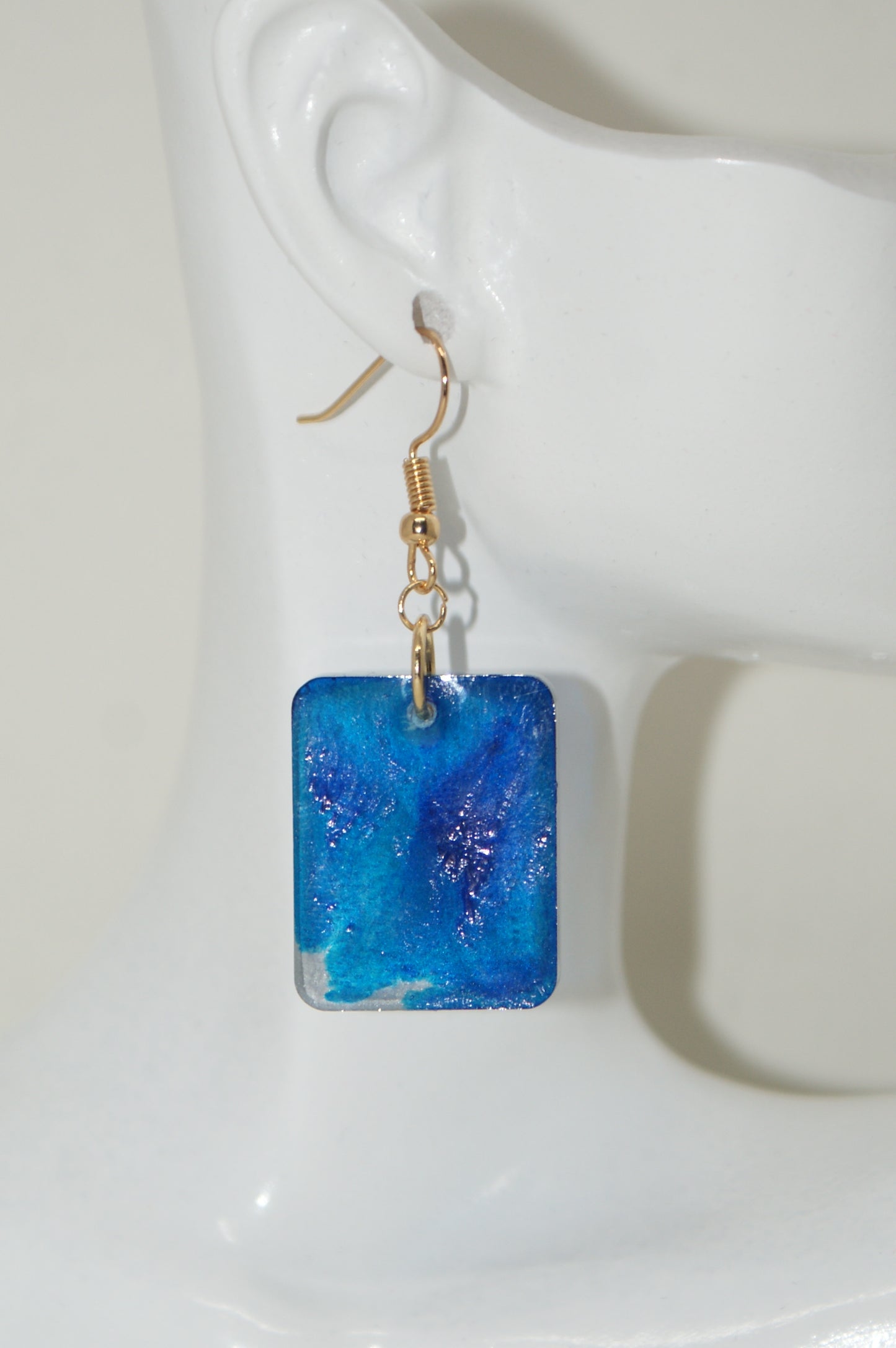 Hand-Poured Resin and Alcohol Ink Earrings - Rectangle - Blue