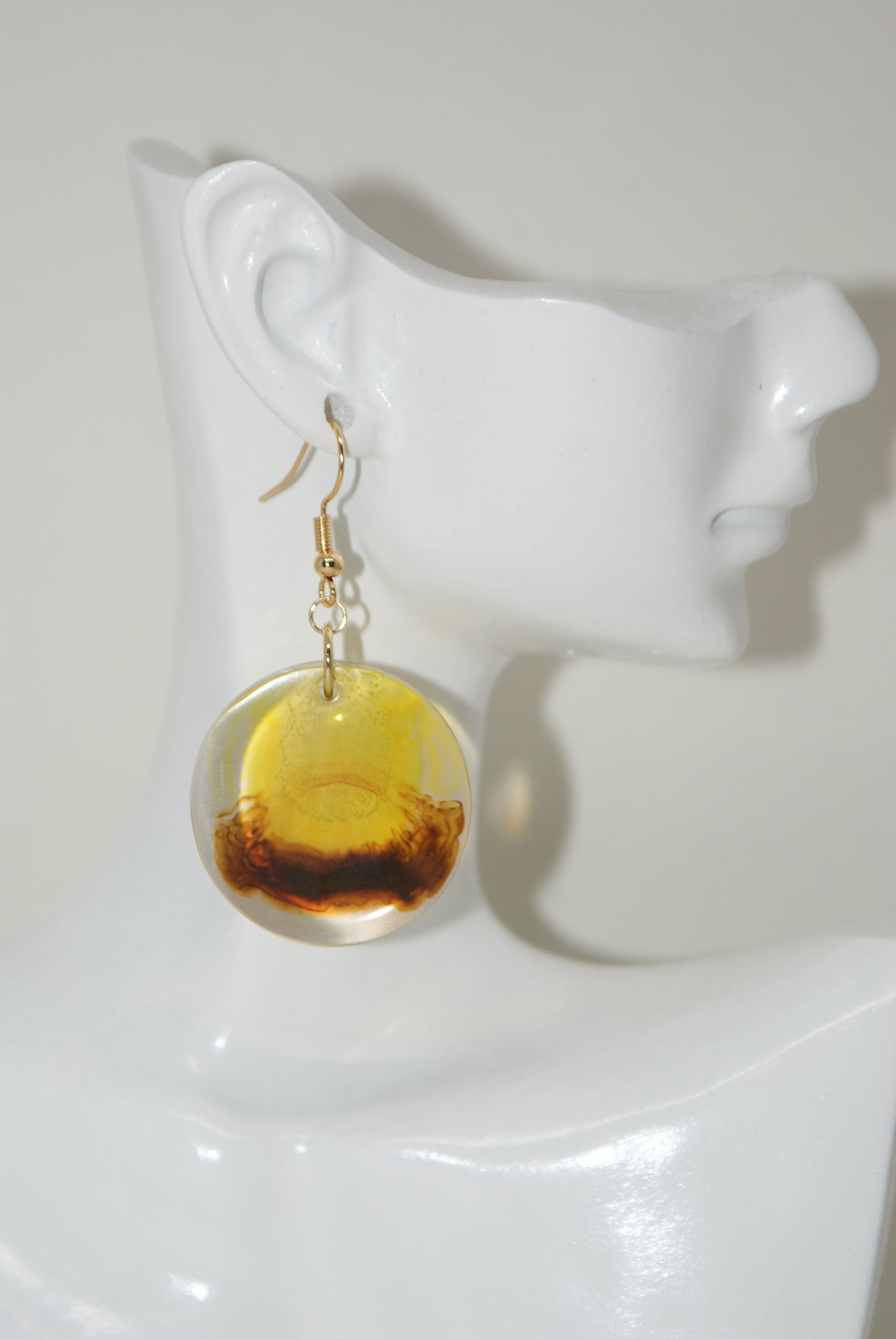 Hand-Poured Resin and Alcohol Ink Earrings - Round - Brown/Yellow