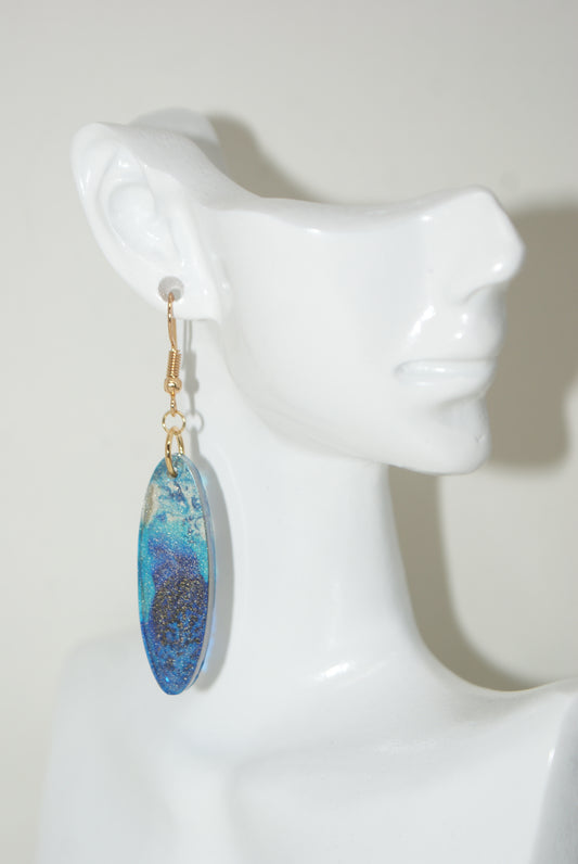 Hand-Poured Resin and Alcohol Ink Earrings - Oval - Blue/Gold