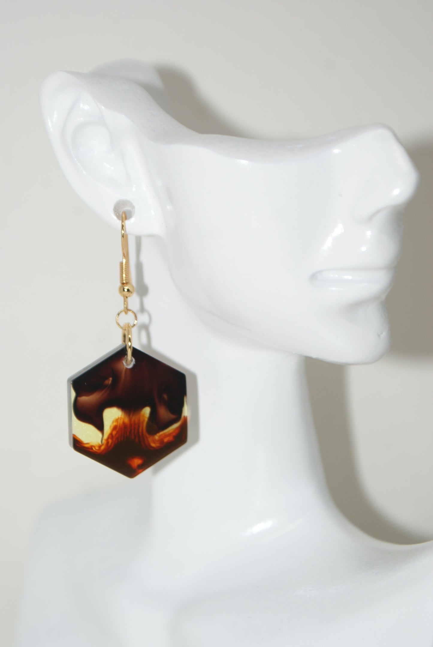 Hand-Poured Resin and Alcohol Ink Earrings - Hex - Brown