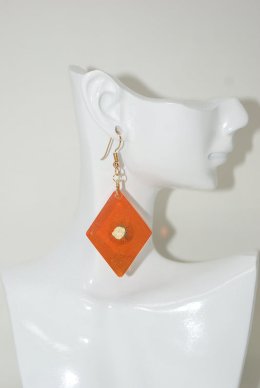 Hand-Poured Resin and Alcohol Ink Earrings - Diamond - Orange/Gold