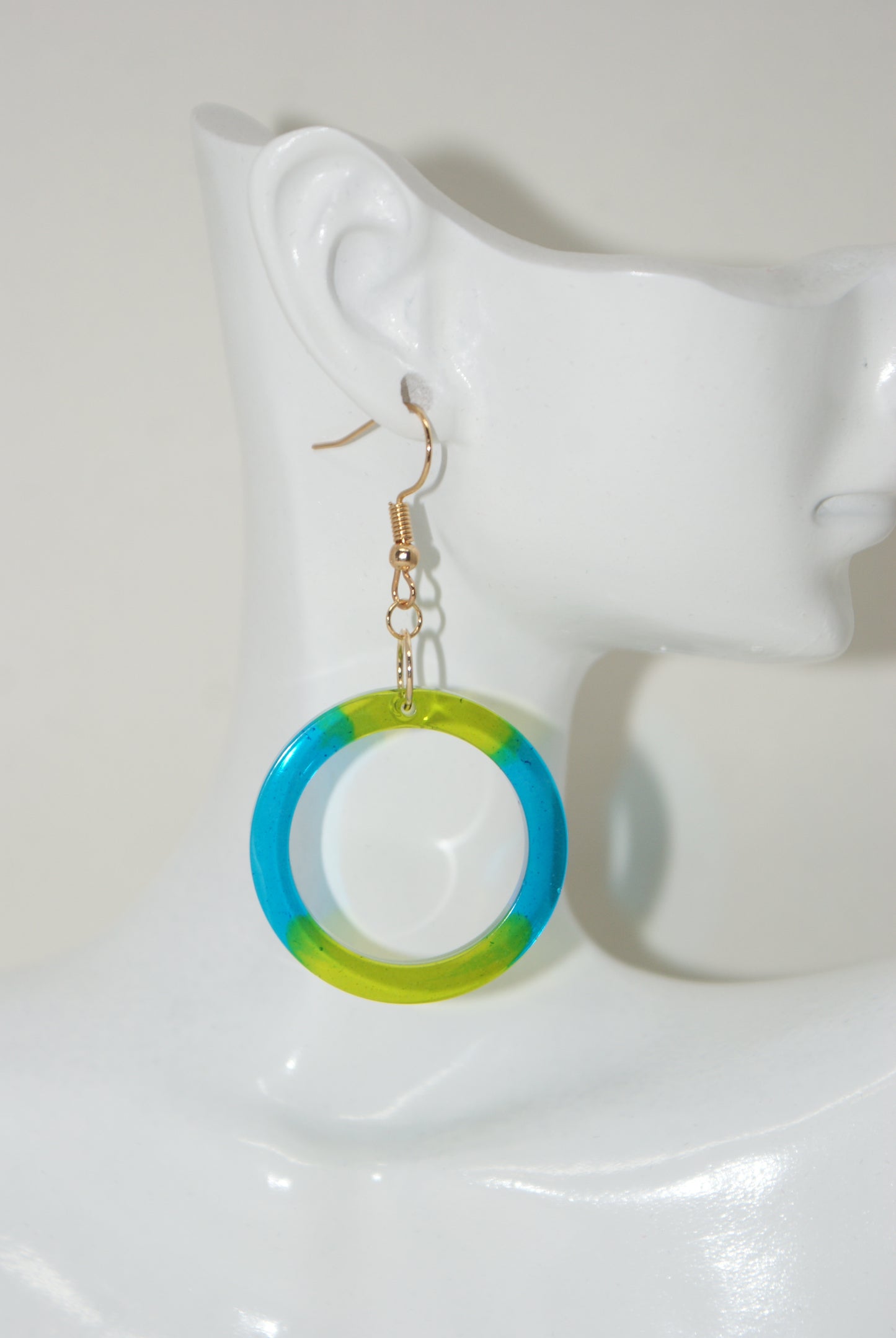 Hand-Poured Resin and Alcohol Ink Earrings - Hoop - Blue/Yellow