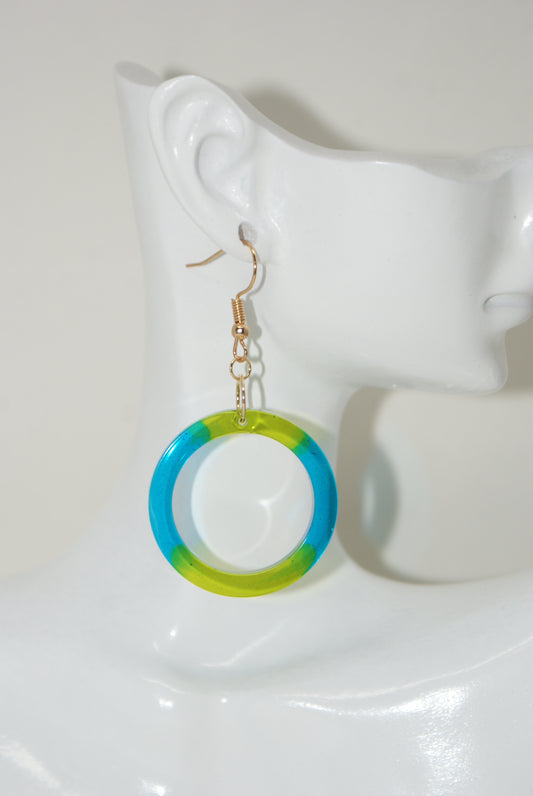 Hand-Poured Resin and Alcohol Ink Earrings - Hoop - Blue/Yellow