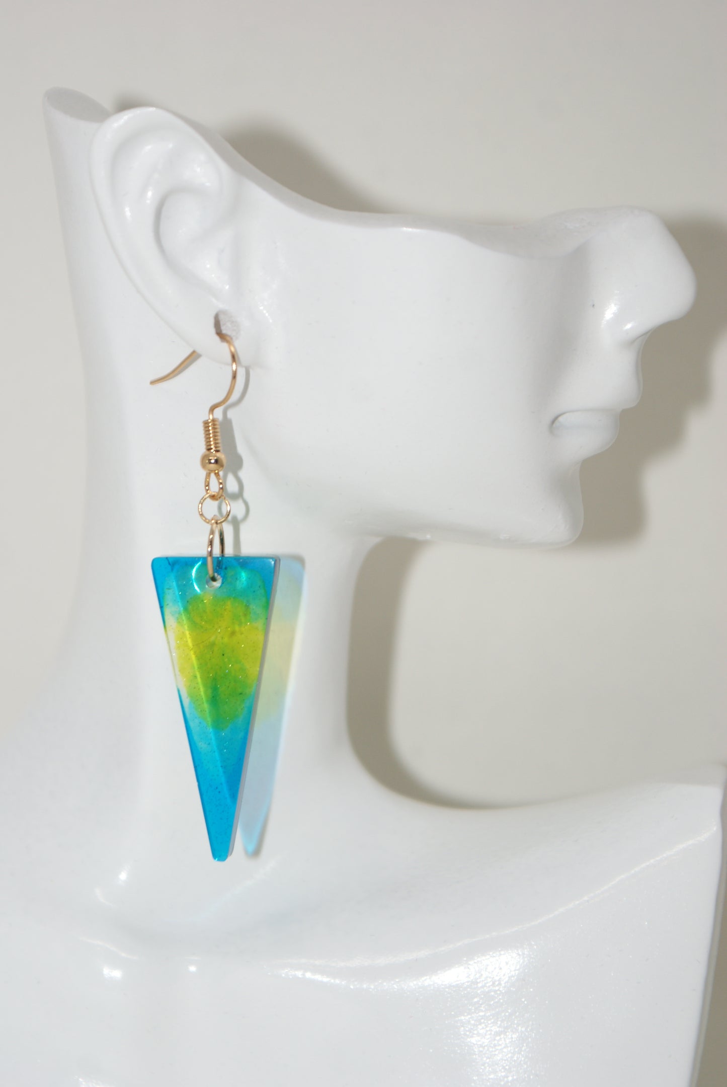 Hand-Poured Resin and Alcohol Ink Earrings - Triangle - Blue/Yellow