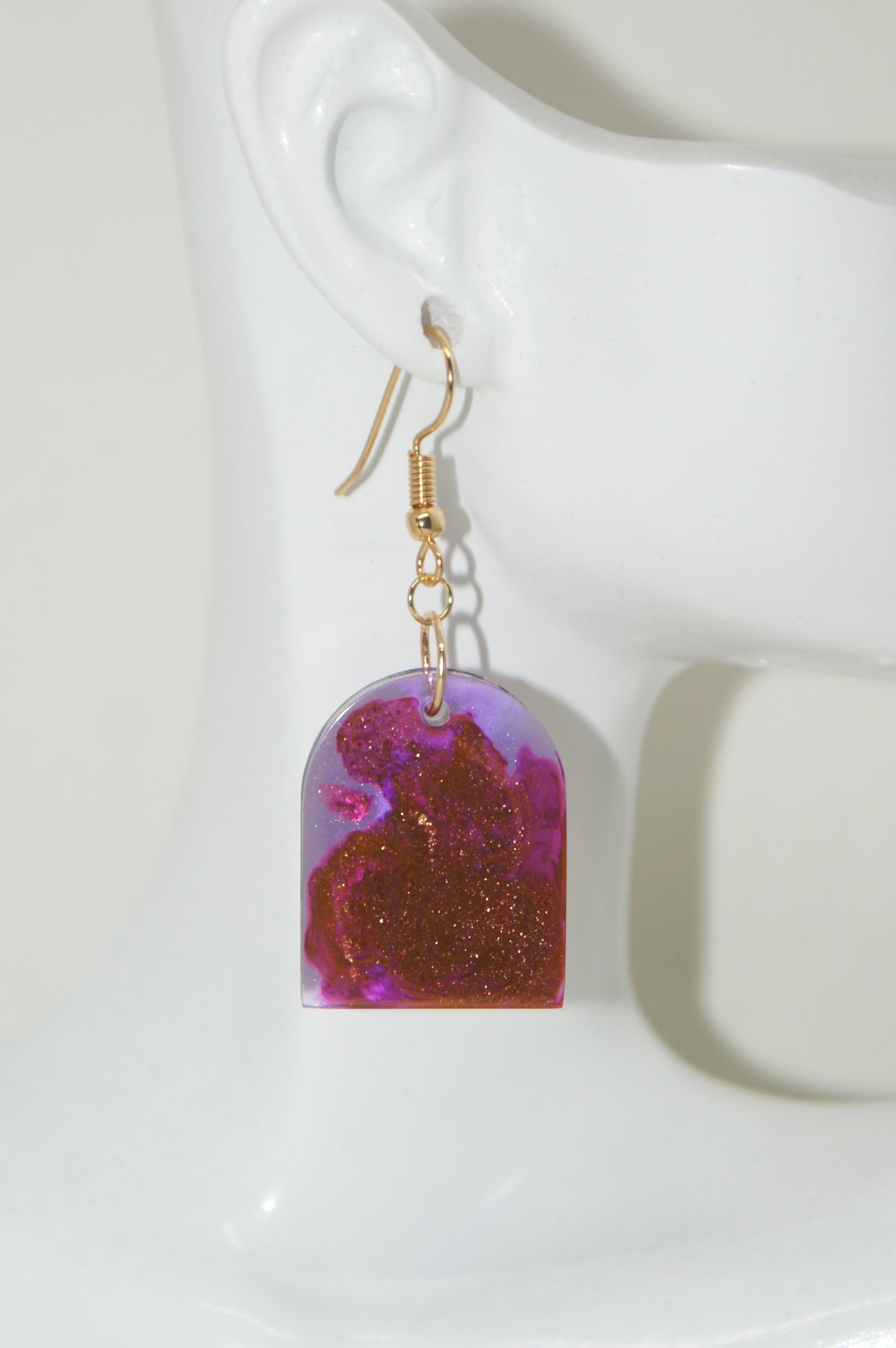 Hand-Poured Resin and Alcohol Ink Earrings - Arch - Purple/Gold