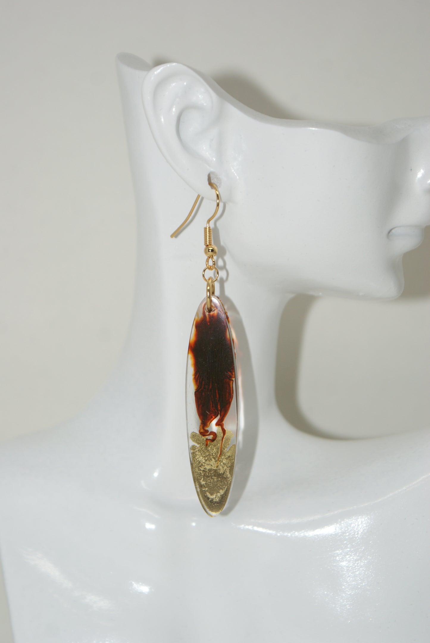 Hand-Poured Resin and Alcohol Ink Earrings - Oval - Brown/Gold