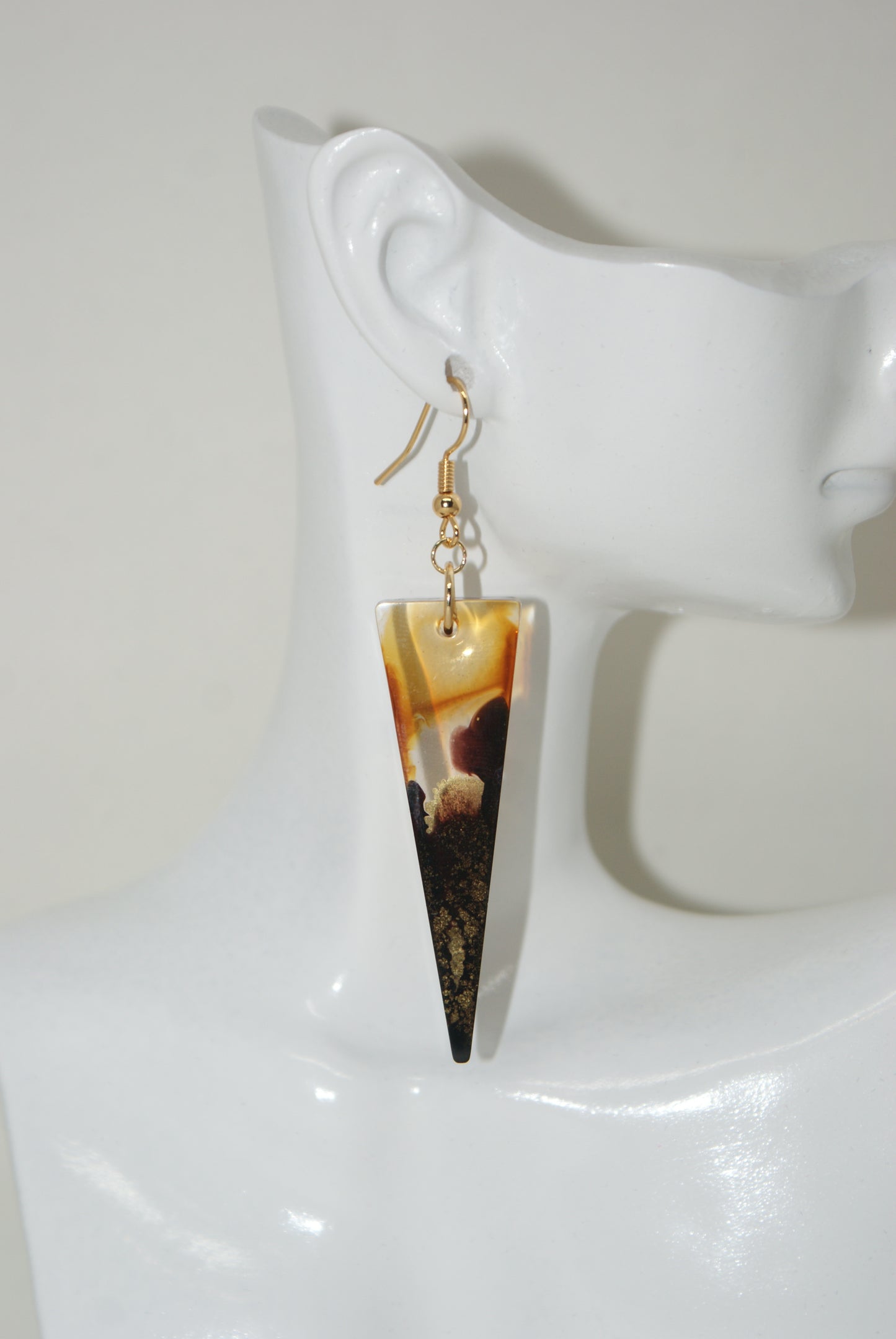 Hand-Poured Resin and Alcohol Ink Earrings - Triangle - Brown/Gold