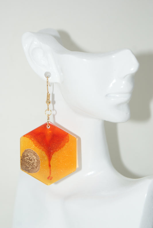 Hand-Poured Resin and Alcohol Ink Earrings - Hex - Orange/Gold