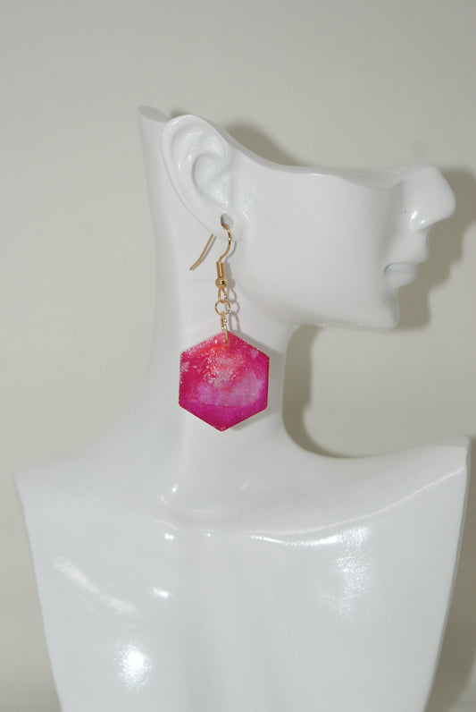 Hand-Poured Resin and Alcohol Ink Earrings - Hex - Fuchsia