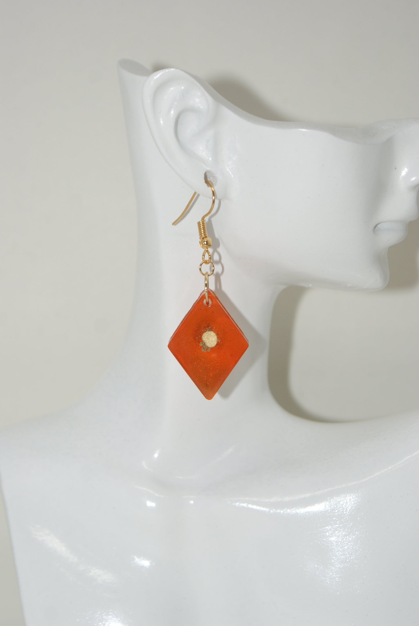 Hand-Poured Resin and Alcohol Ink Earrings - Diamond - Orange/Gold