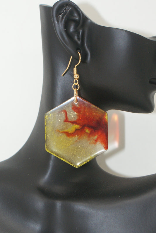 Hand-Poured Resin and Alcohol Ink Earrings - Hex - Brown/Yellow