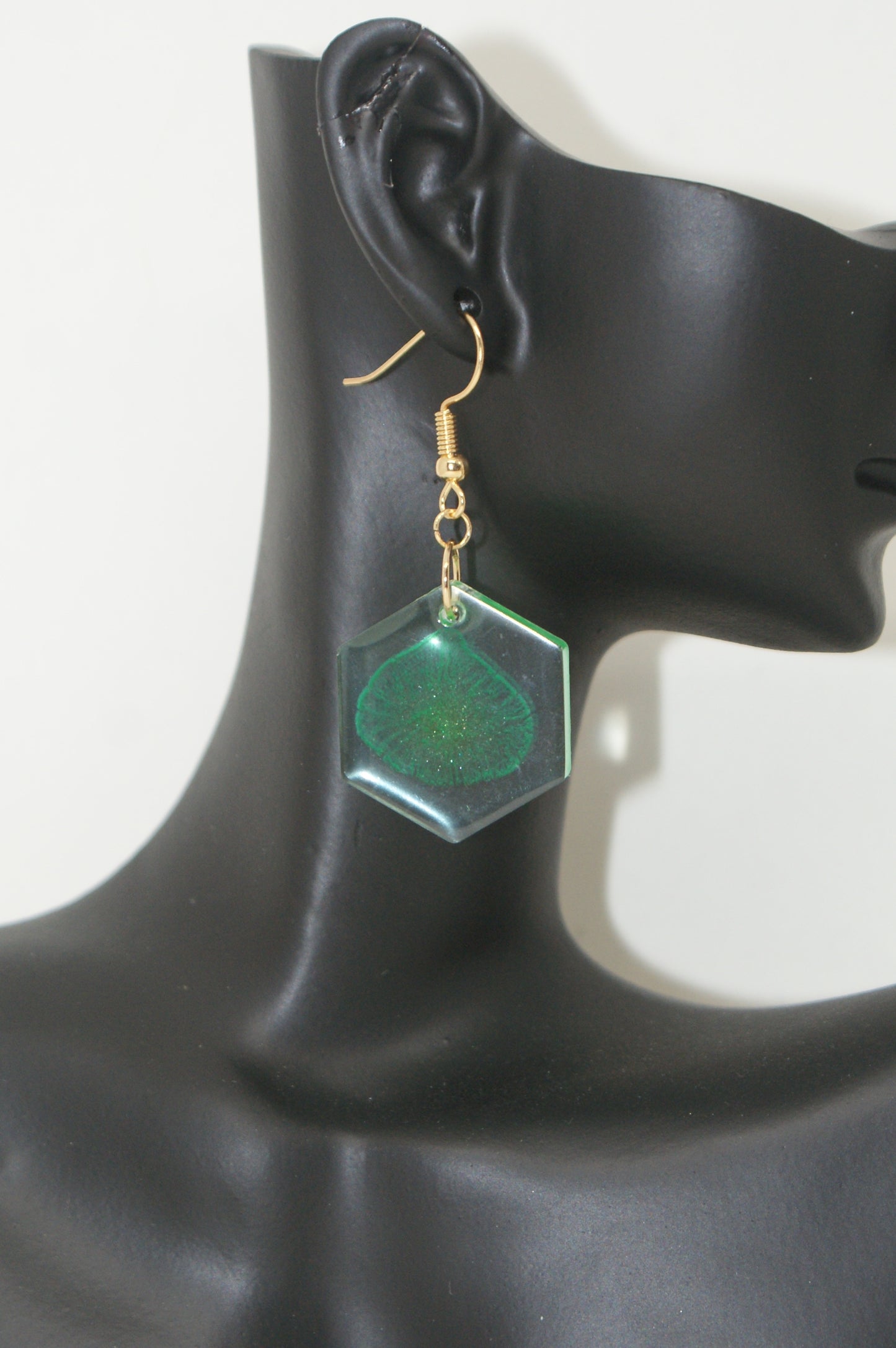 Hand-Poured Resin and Alcohol Ink Earrings - Hex - Green