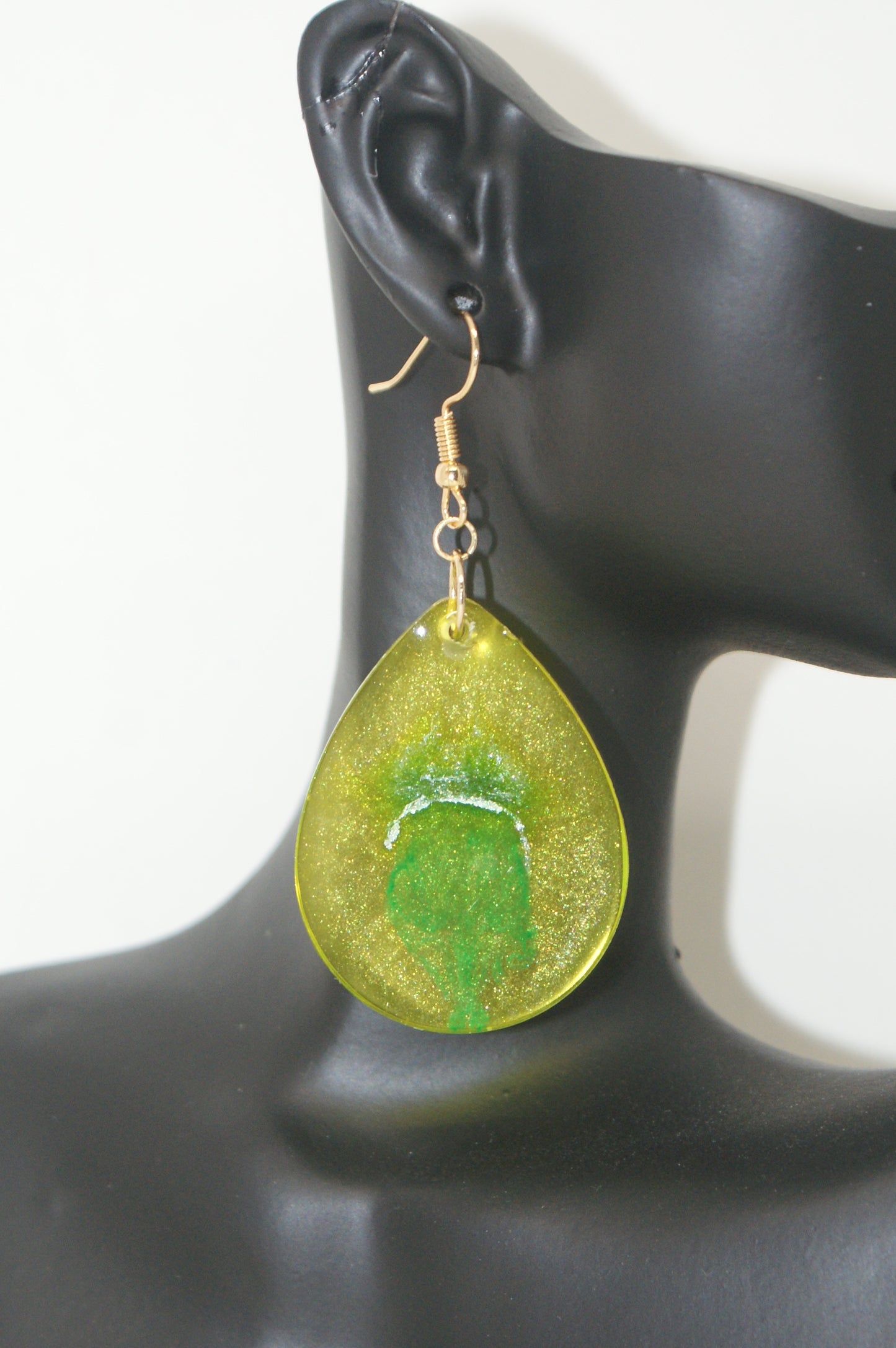 Hand-Poured Resin and Alcohol Ink Earrings - Droplet - Yellow/Green