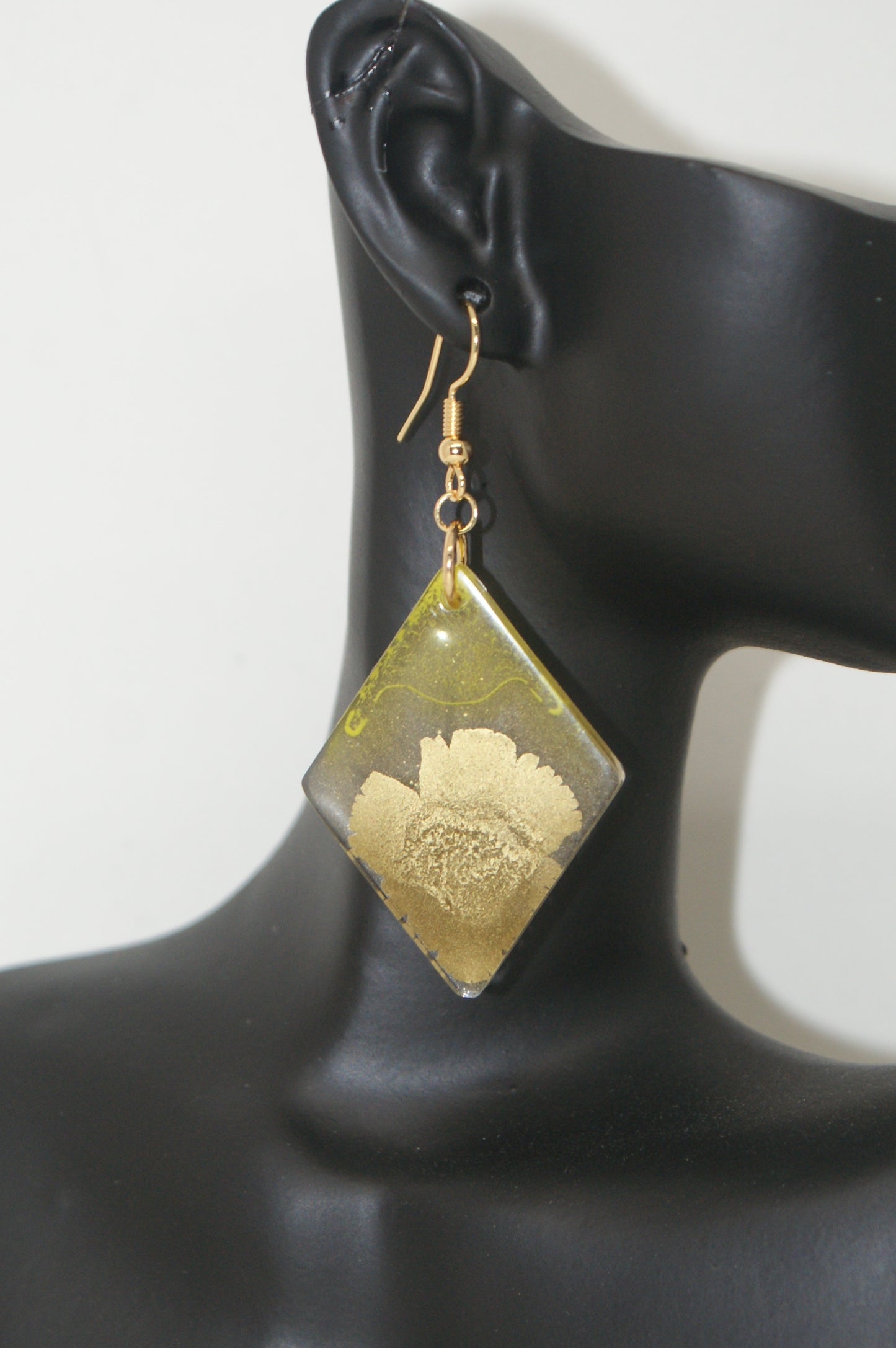 Hand-Poured Resin and Alcohol Ink Earrings - Diamond - Yellow/Gold