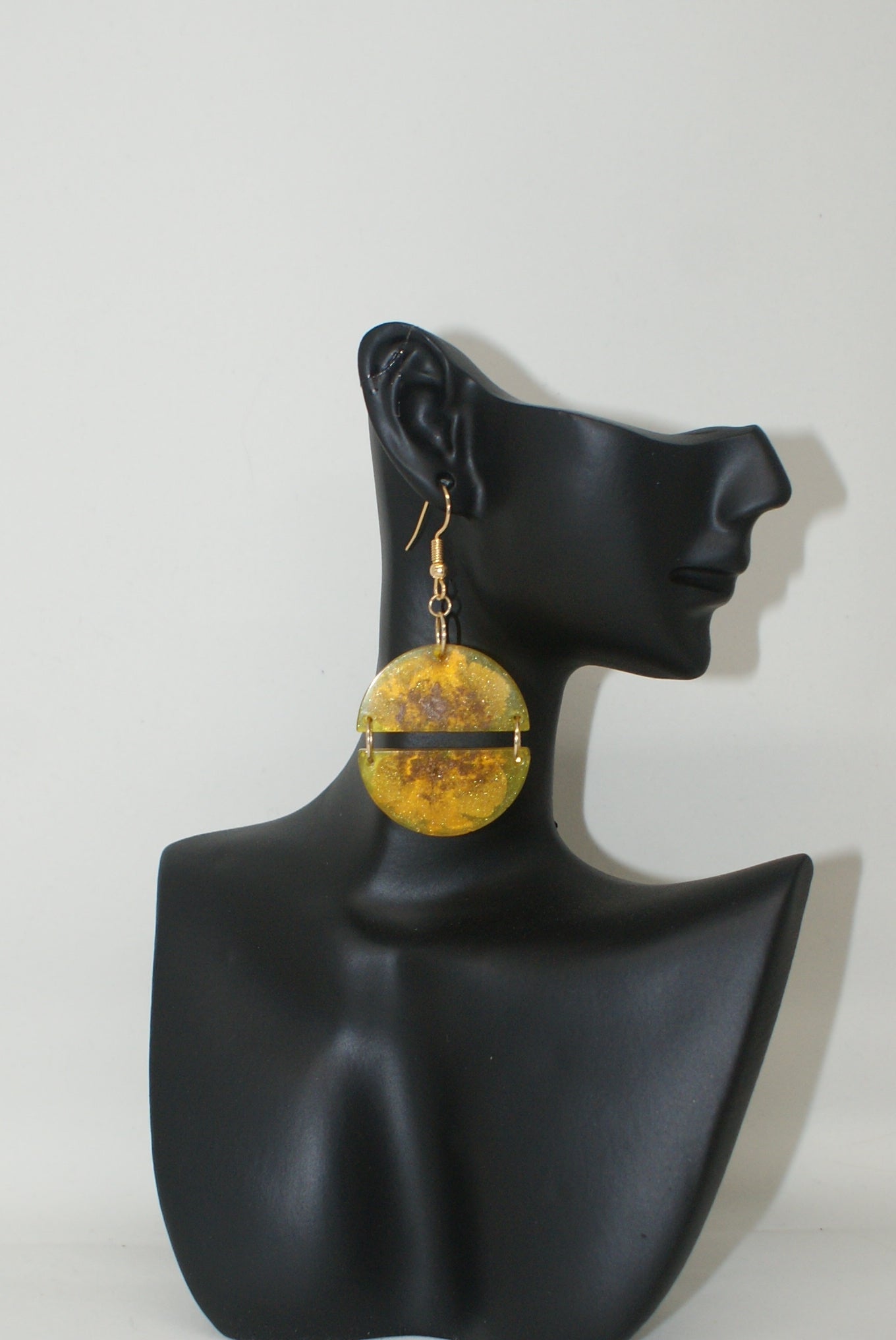 Hand-Poured Resin and Alcohol Ink Earrings - Half Circle - Yellow/Gold