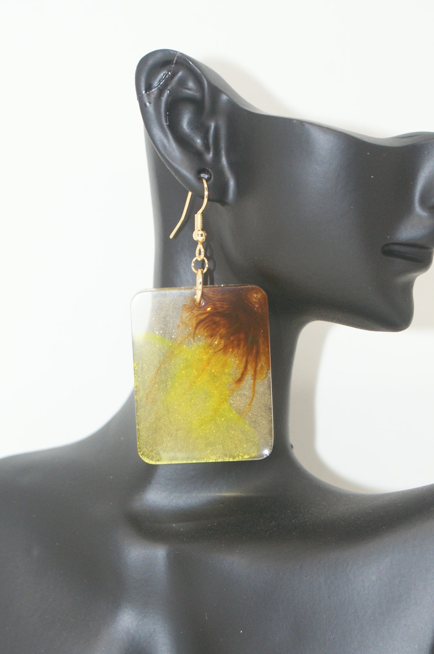 Hand-Poured Resin and Alcohol Ink Earrings - Rectangle - Brown/Yellow