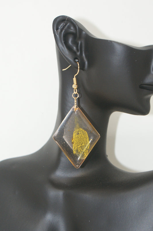 Hand-Poured Resin and Alcohol Ink Earrings - Diamond - Yellow