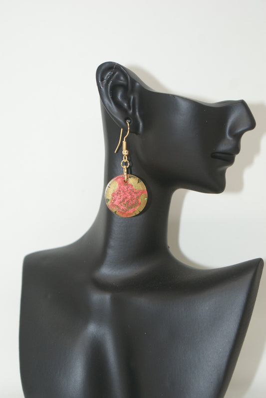 Hand-Poured Resin and Alcohol Ink Earrings - Round - Pink/Gold