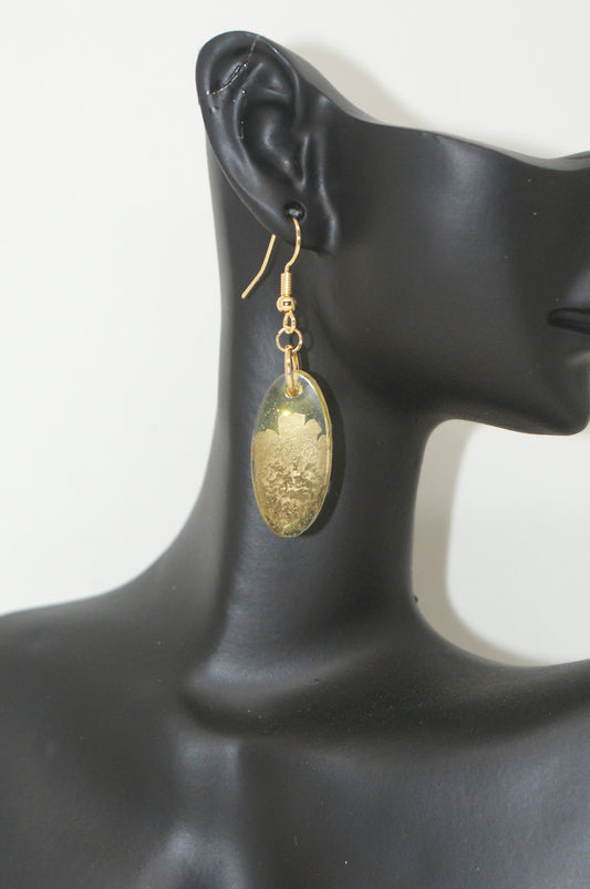 Hand-Poured Resin and Alcohol Ink Earrings - Oval - Yellow/Gold