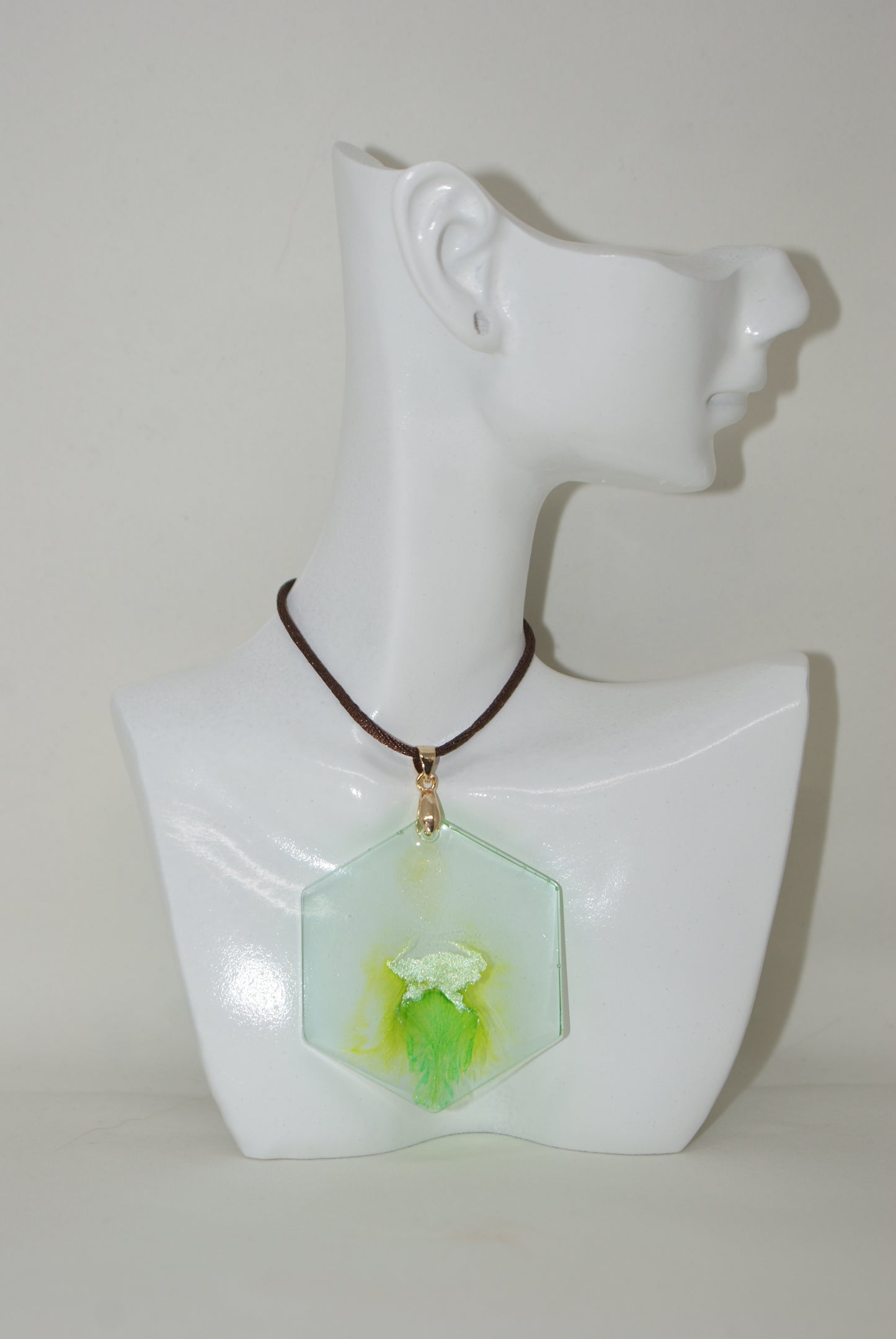 Hand-Poured Resin and Alcohol Ink Necklace - Hexagon- Green/Clear