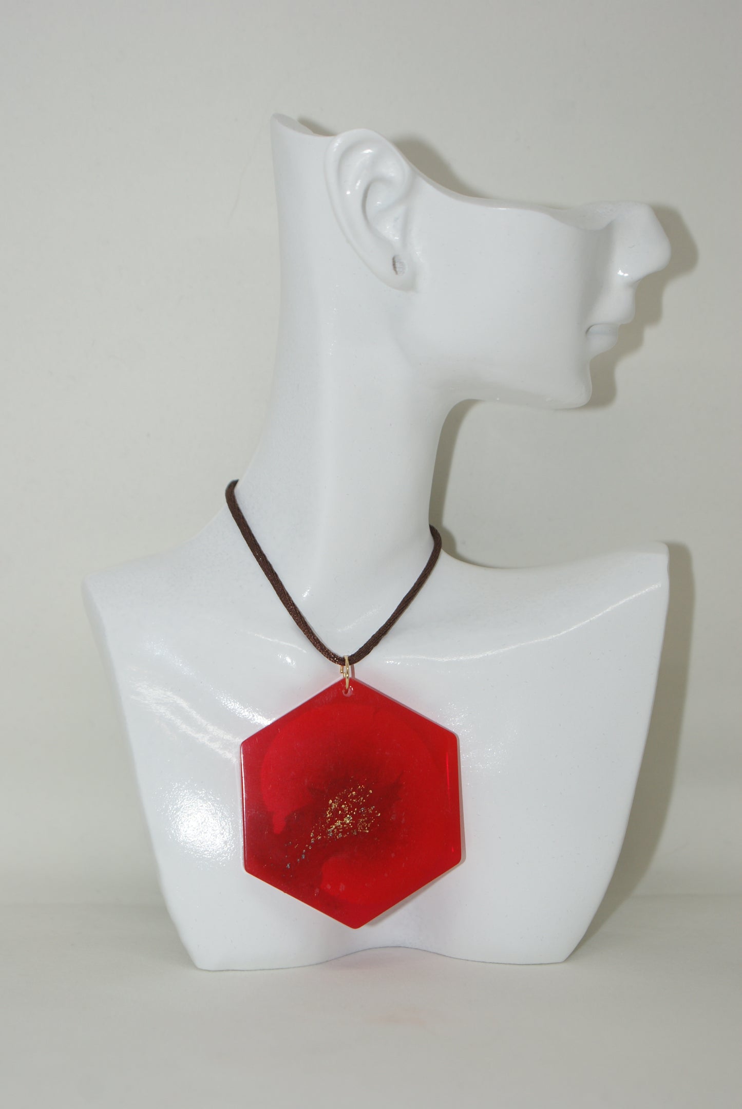 Hand-Poured Resin and Alcohol Ink Necklace - Hexagon - Red/Gold