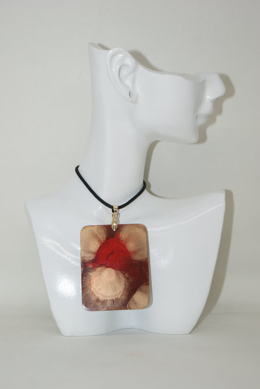 Hand-Poured Resin and Alcohol Ink Necklace - Rectangle - Red/Gold